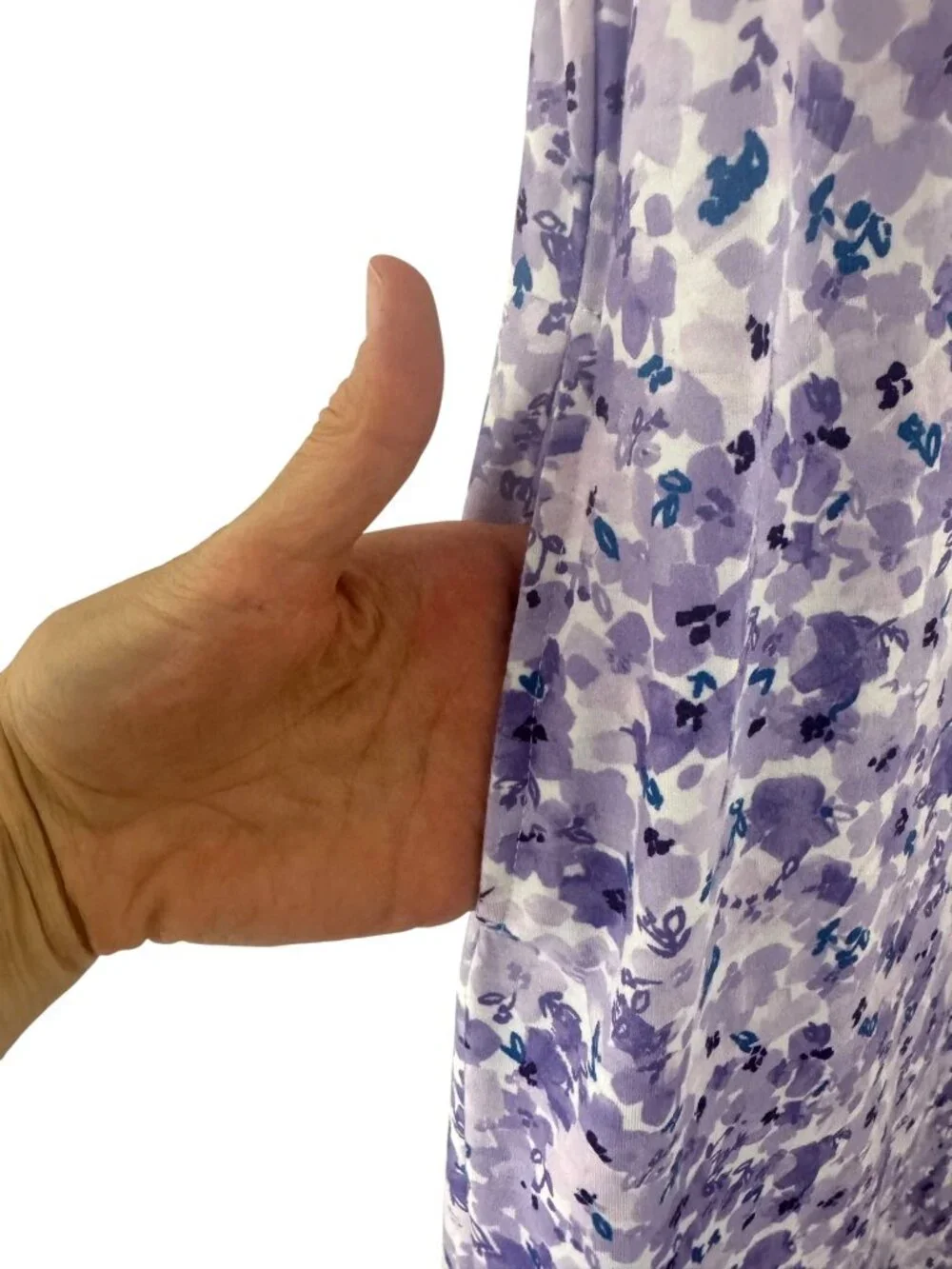 Purple Floral Print Short Ruffle Sleeve Shift Dress Size L Pockets Soft Knit
